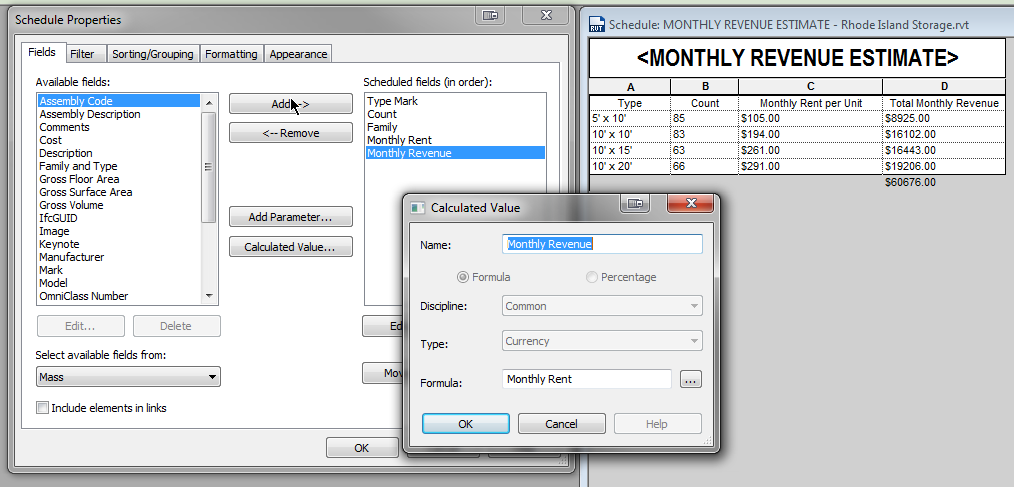 Revit for schedule to calculate storage unit revenue.